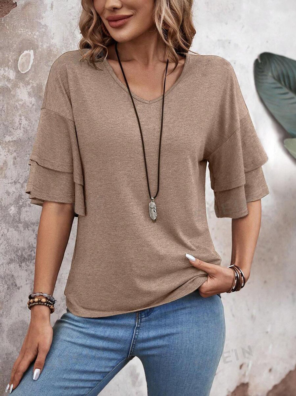 Casual Plain V Neck Half Sleeve T-shirt