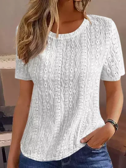 Crew Neck Short Sleeve Plain Regular Loose Blouse For Women