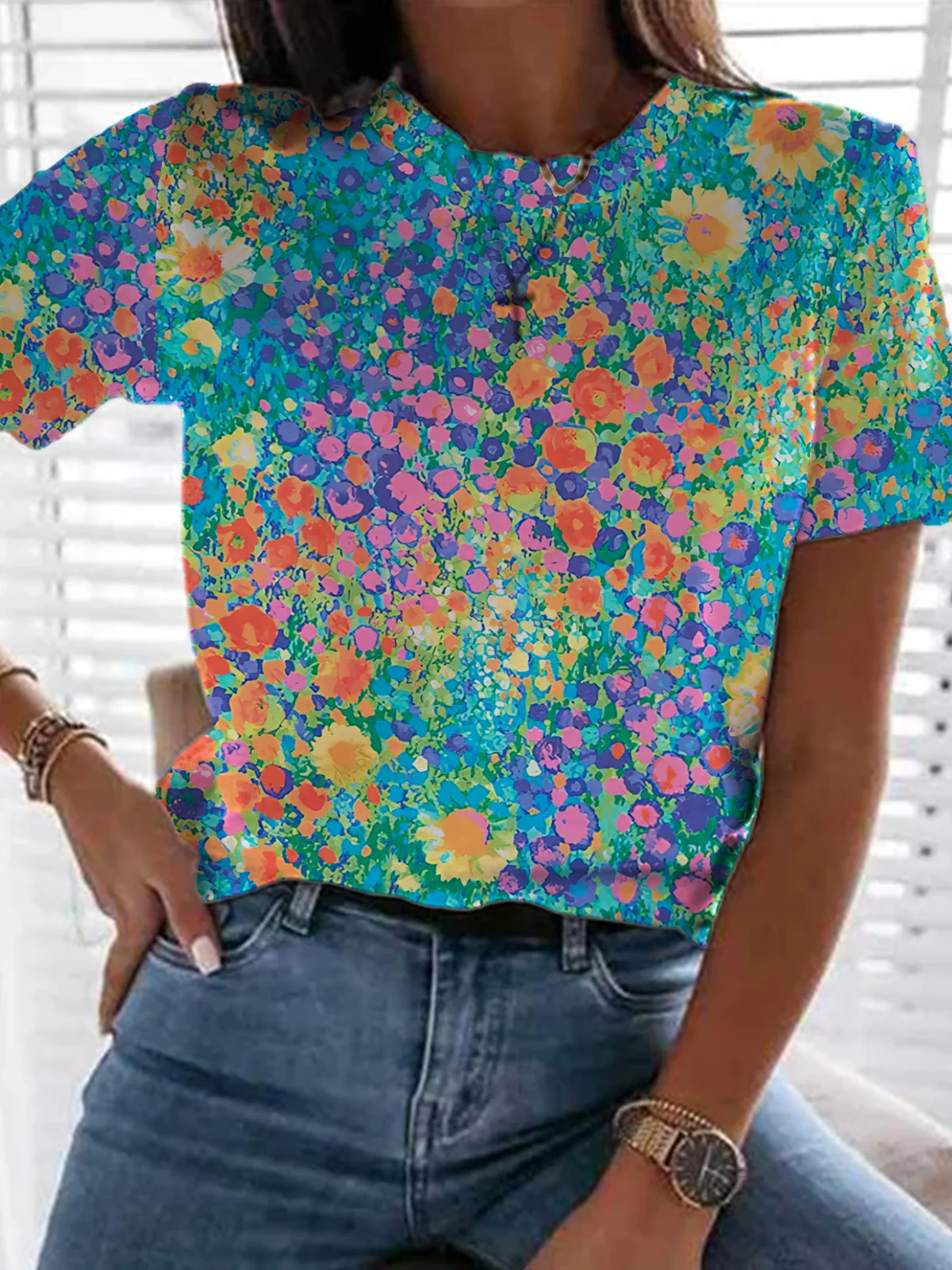 Casual Floral Crew Neck Short Sleeve T-shirt