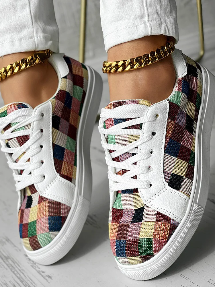 Casual Colorblock Lace-Up Flat Heel Slip On