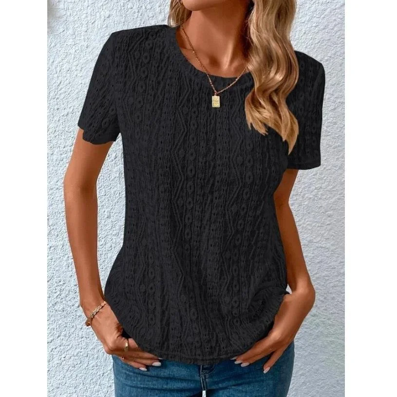 Crew Neck Short Sleeve Plain Regular Loose Blouse For Women