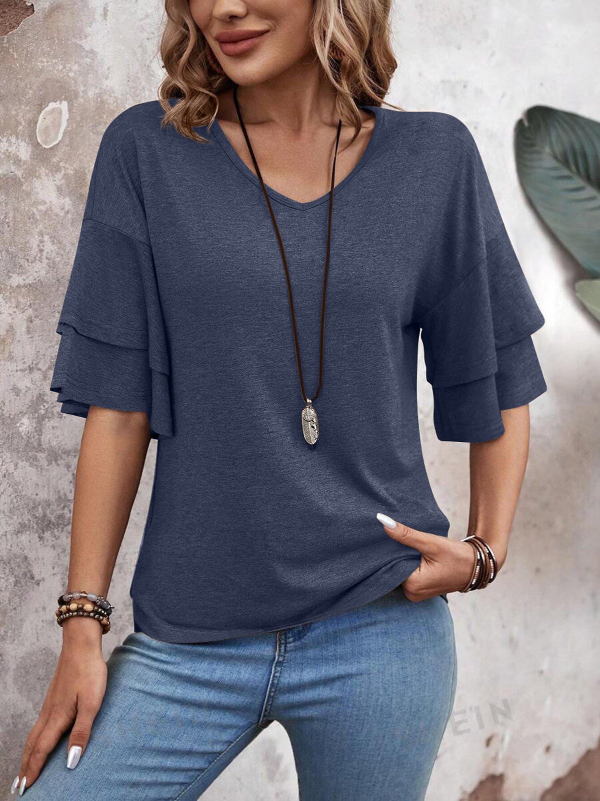 Casual Plain V Neck Half Sleeve T-shirt