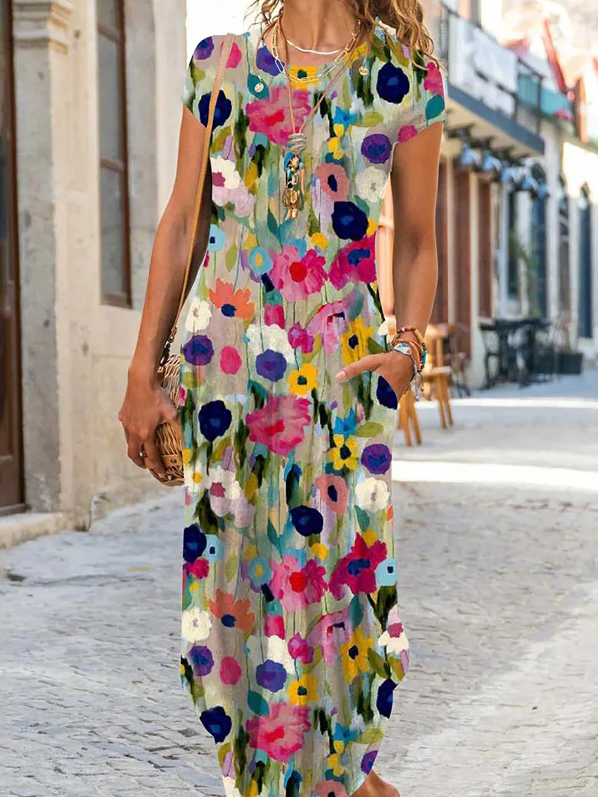 Women Floral Crew Neck Short Sleeve Comfy Casual Maxi Dress