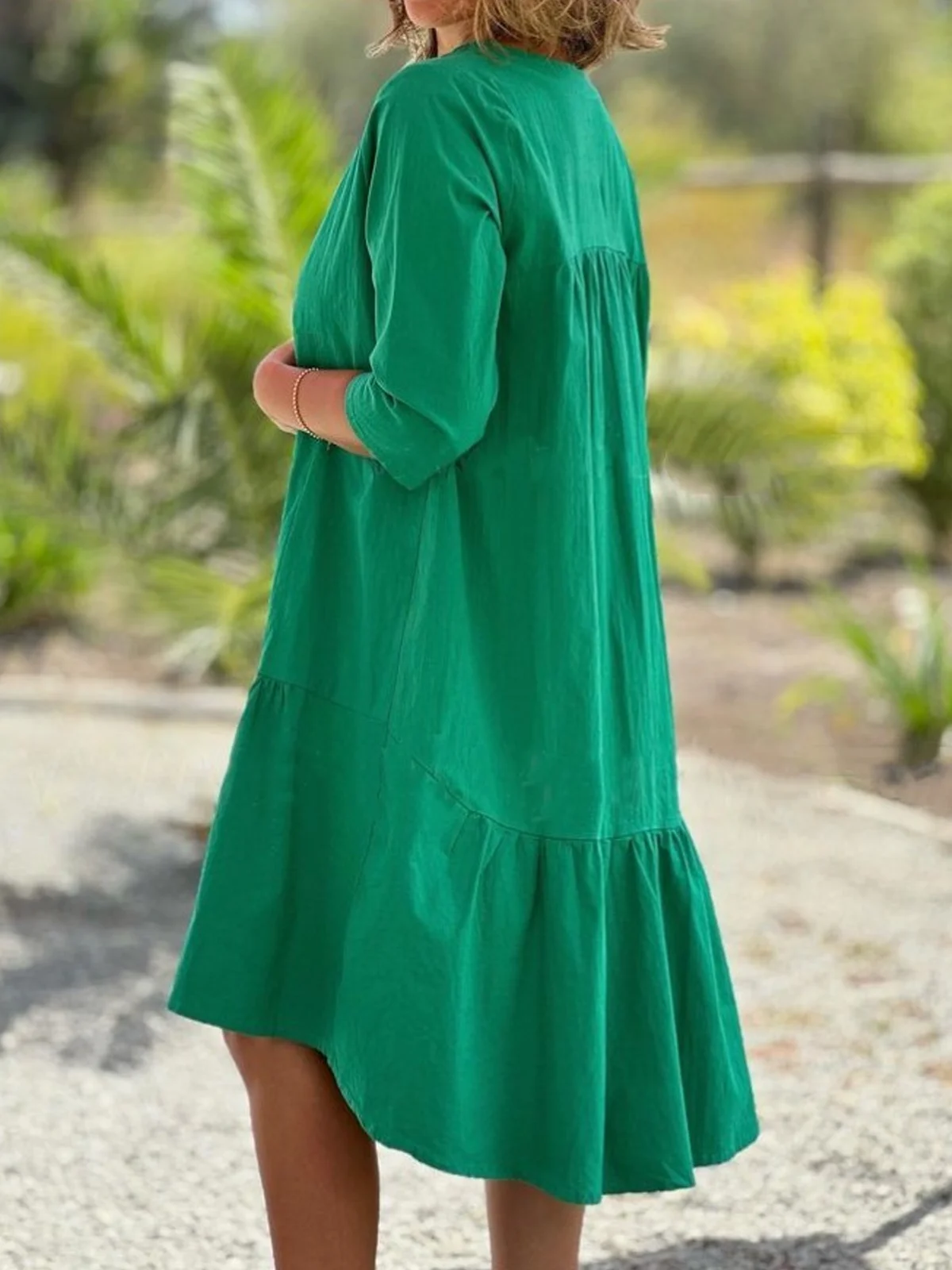 Women Plain V Neck Three Quarter Sleeve Comfy Casual Midi Dress