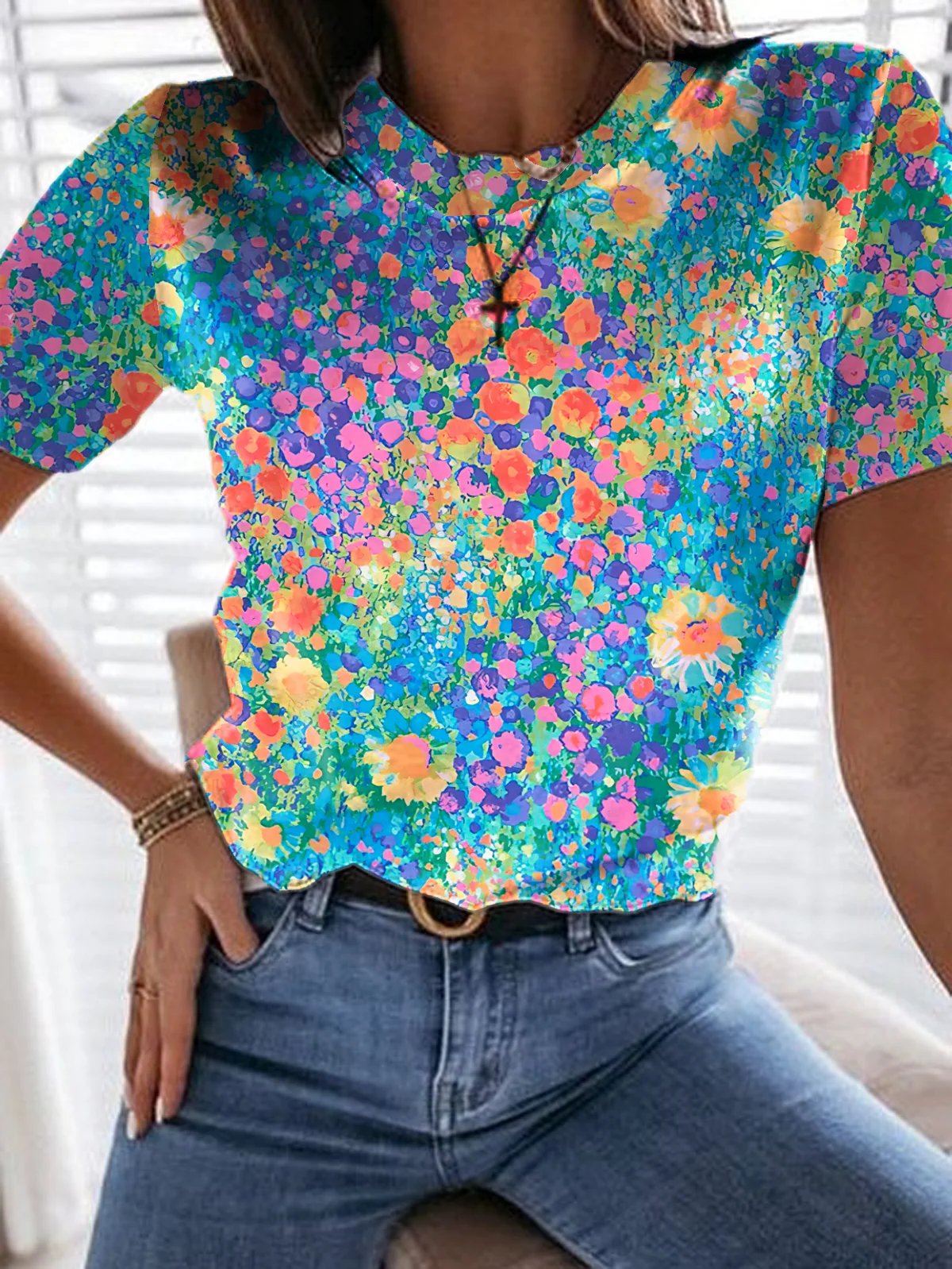 Casual Floral Crew Neck Short Sleeve T-shirt