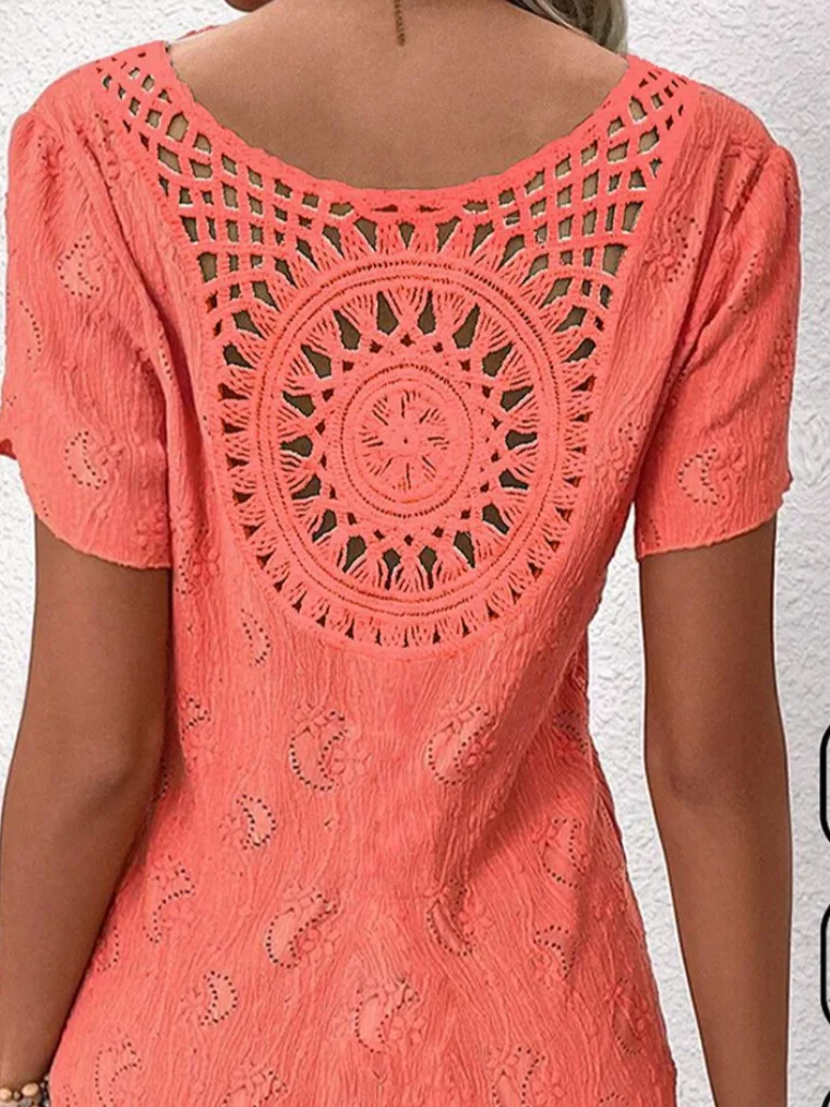 Notched Short Sleeve Plain Lace Regular Loose Blouse For Women