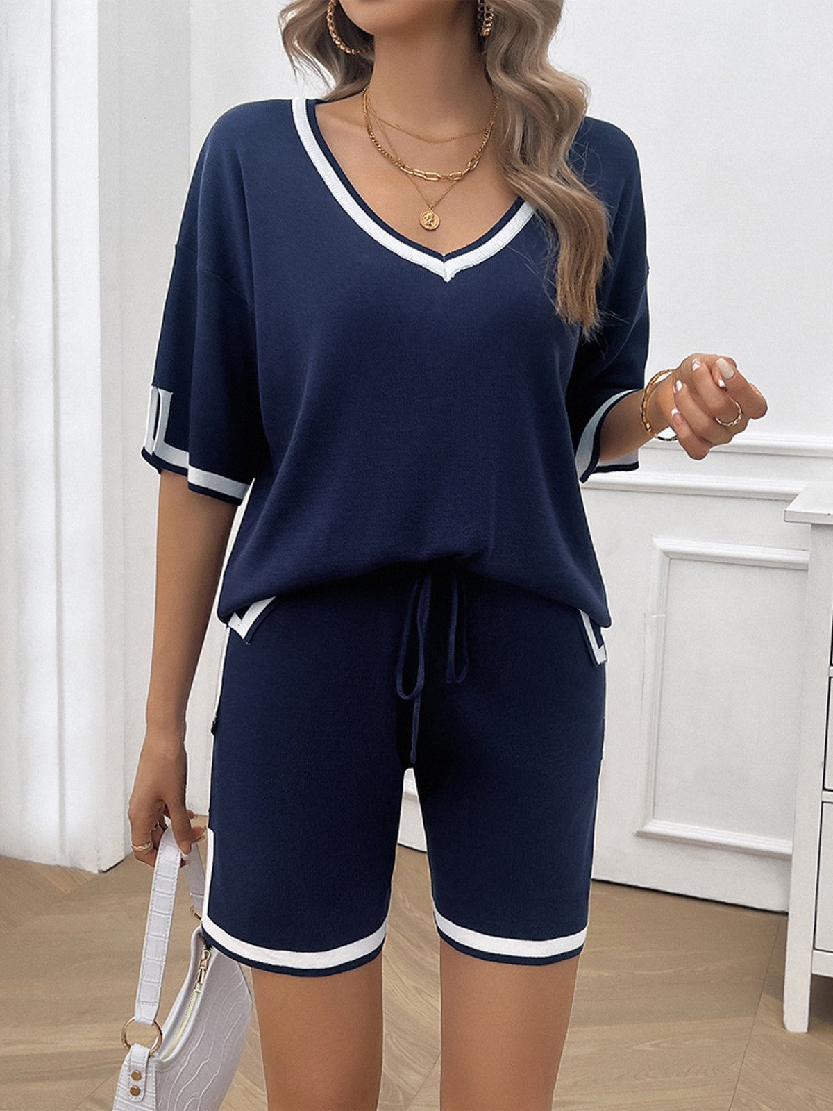 Women Color Block V Neck Short Sleeve Comfy Casual Top With Pants Two-Piece Set