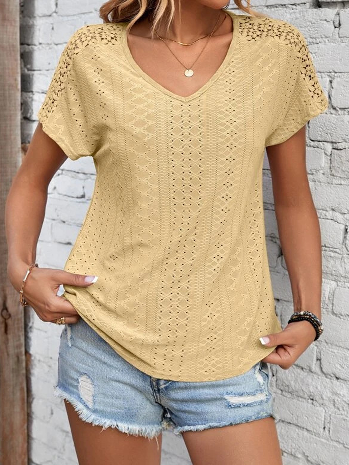 Casual Plain V Neck Short Sleeve T-shirt