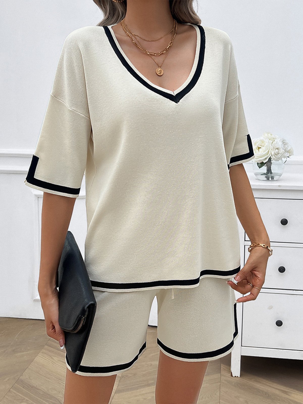 Women Color Block V Neck Short Sleeve Comfy Casual Top With Pants Two-Piece Set