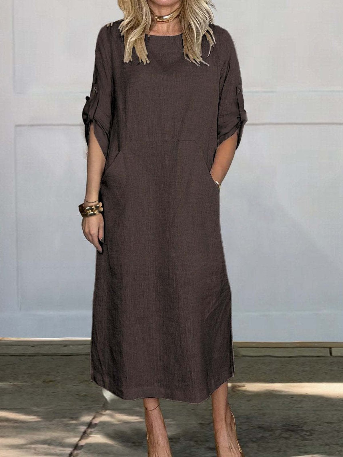 Women Plain Crew Neck Half Sleeve Comfy Casual Maxi Dress