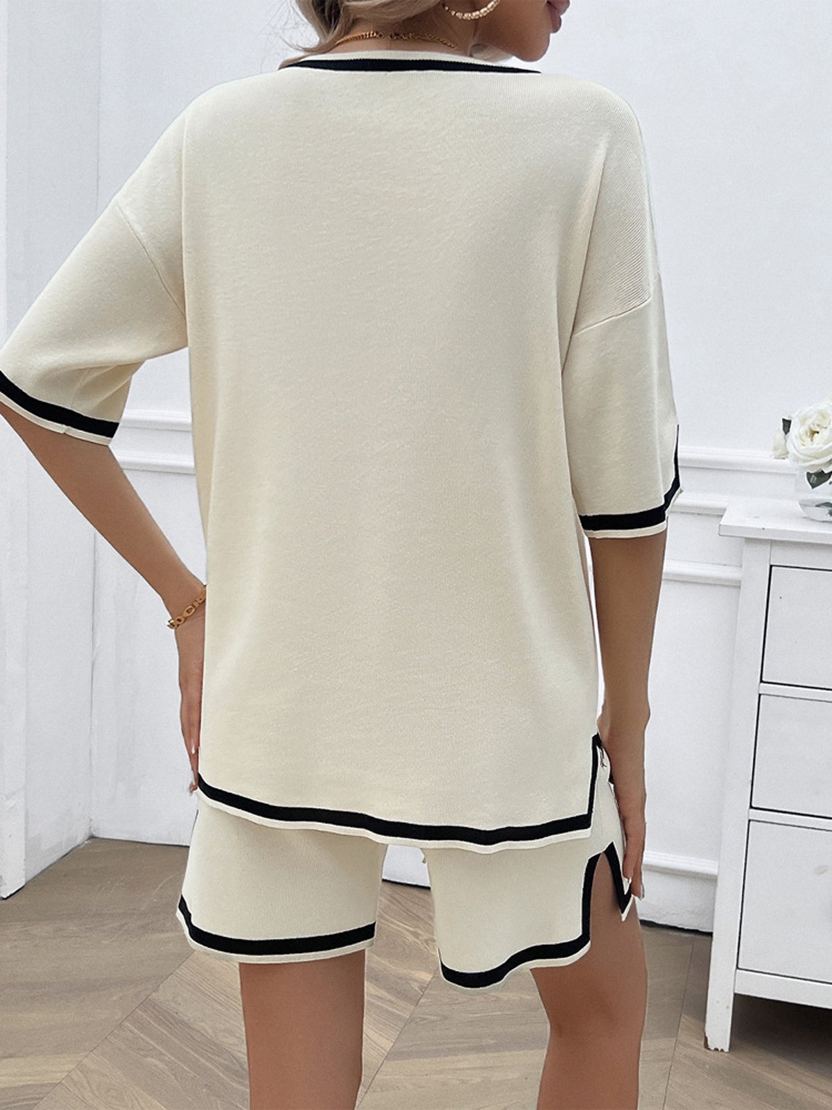 Women Color Block V Neck Short Sleeve Comfy Casual Top With Pants Two-Piece Set