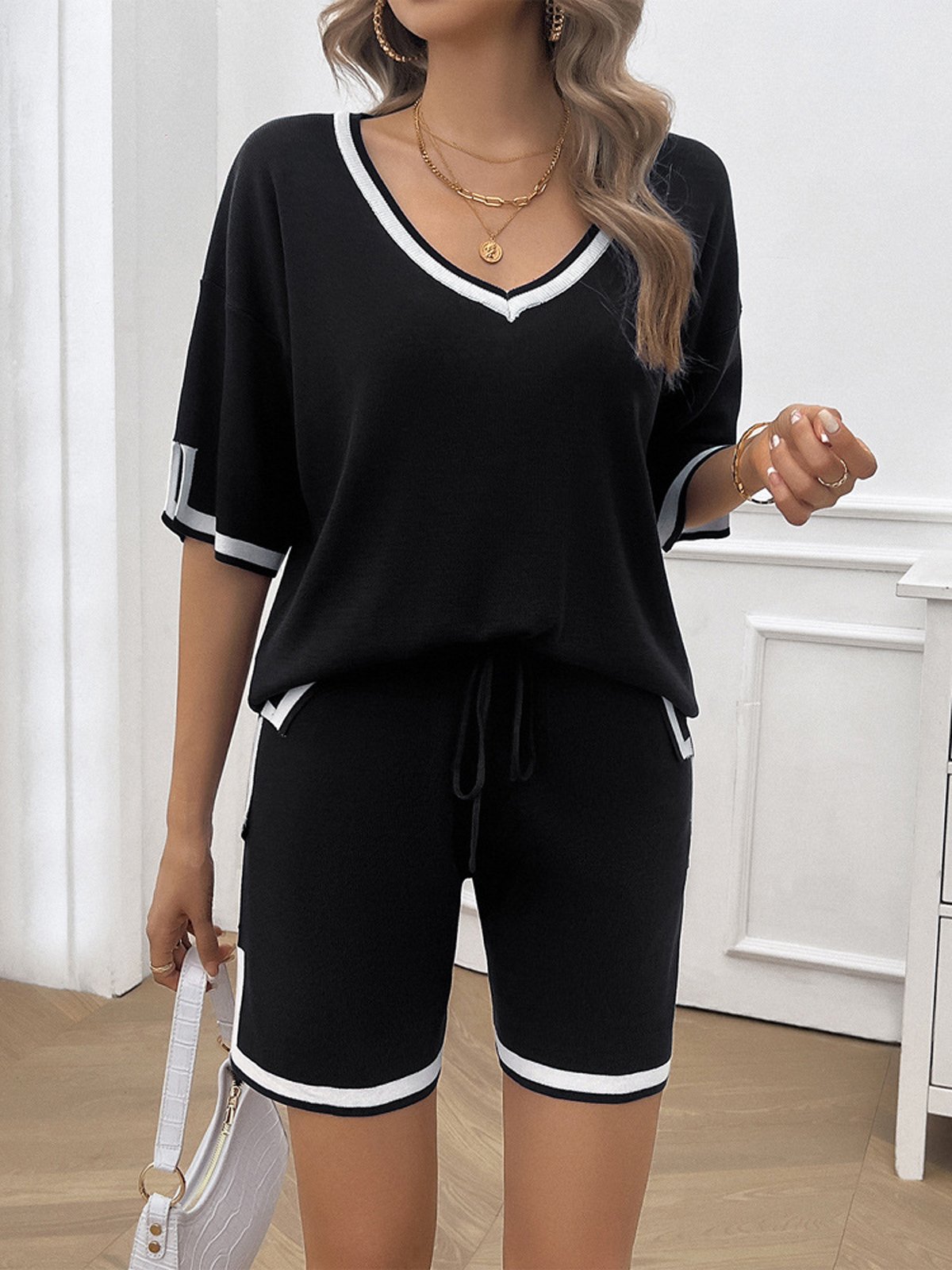 Women Color Block V Neck Short Sleeve Comfy Casual Top With Pants Two-Piece Set