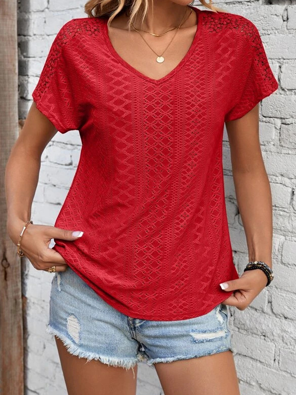 Casual Plain V Neck Short Sleeve T-shirt