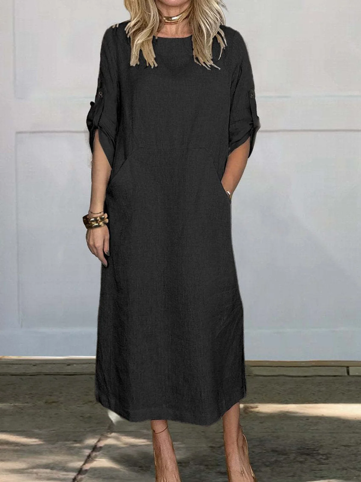 Women Plain Crew Neck Half Sleeve Comfy Casual Maxi Dress