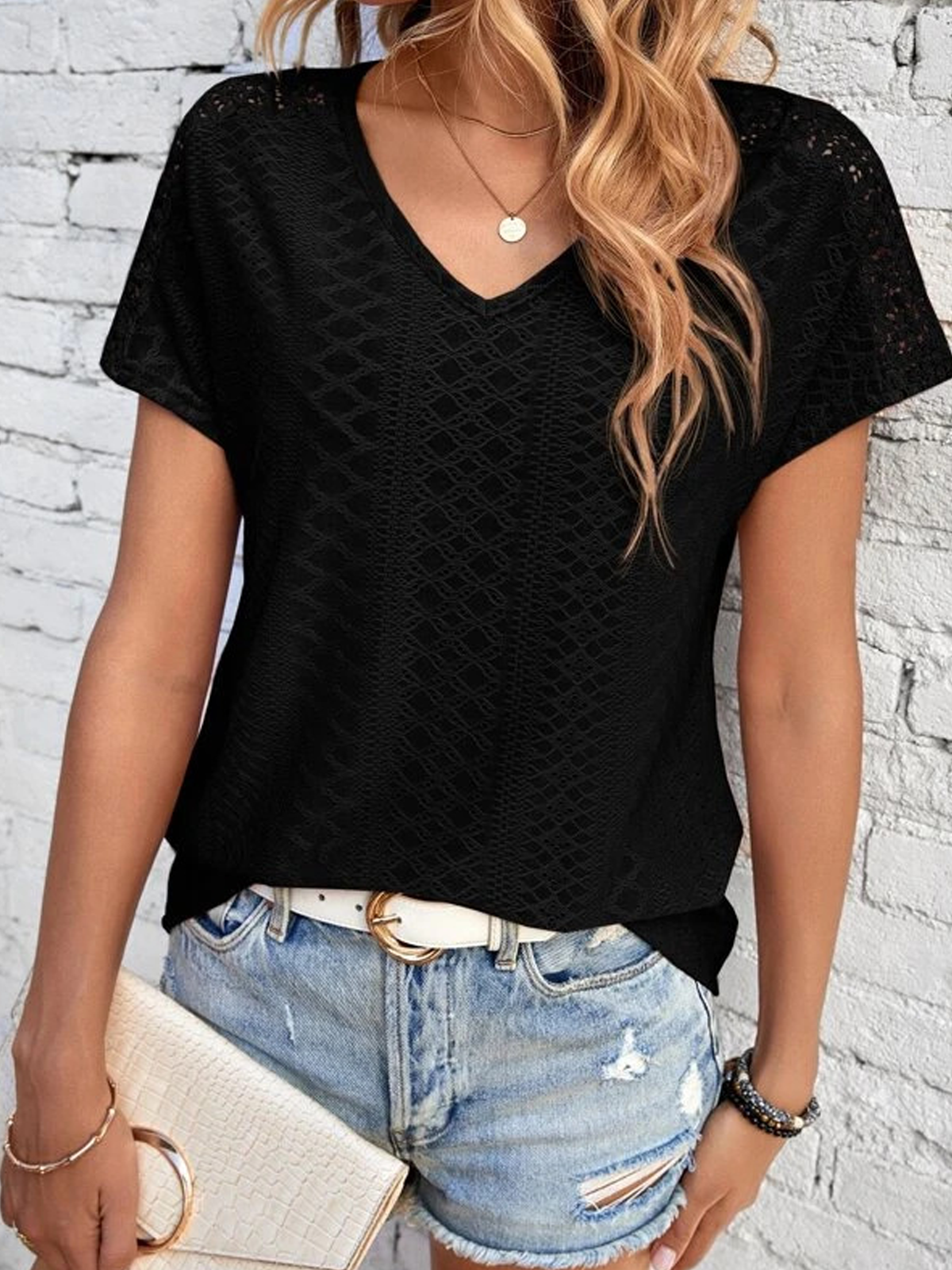 Casual Plain V Neck Short Sleeve T-shirt