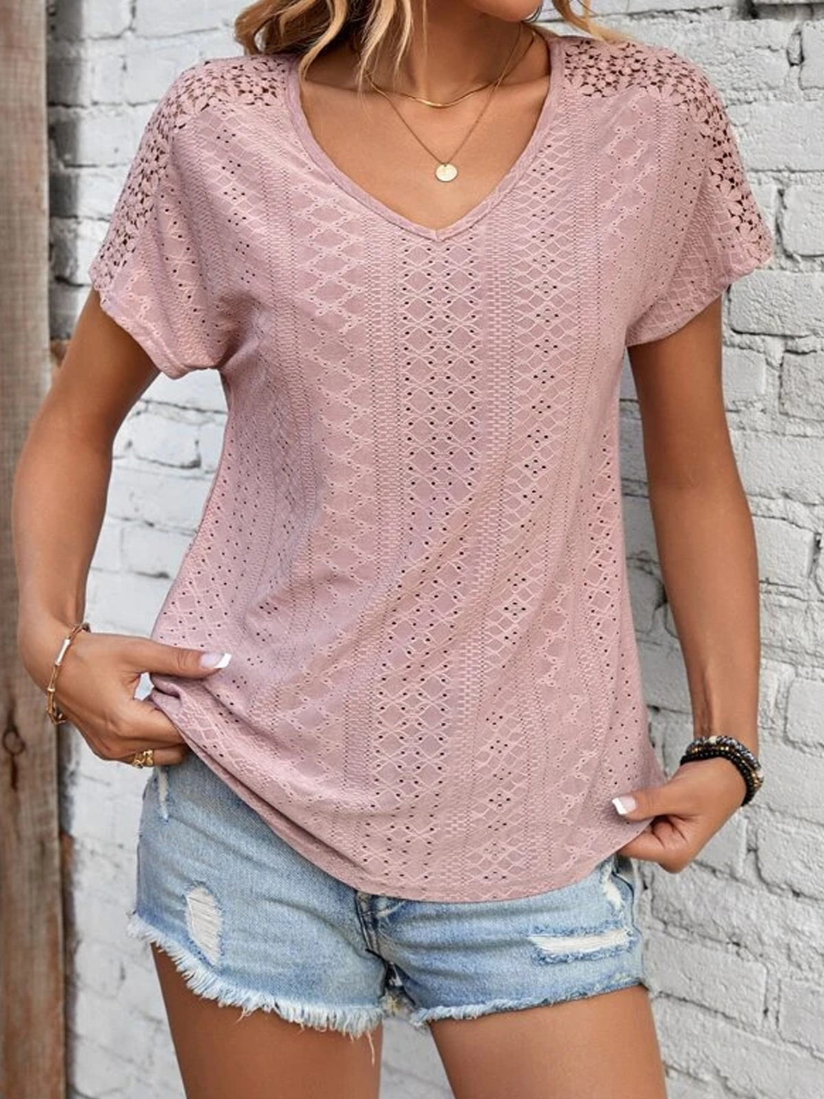 Casual Plain V Neck Short Sleeve T-shirt