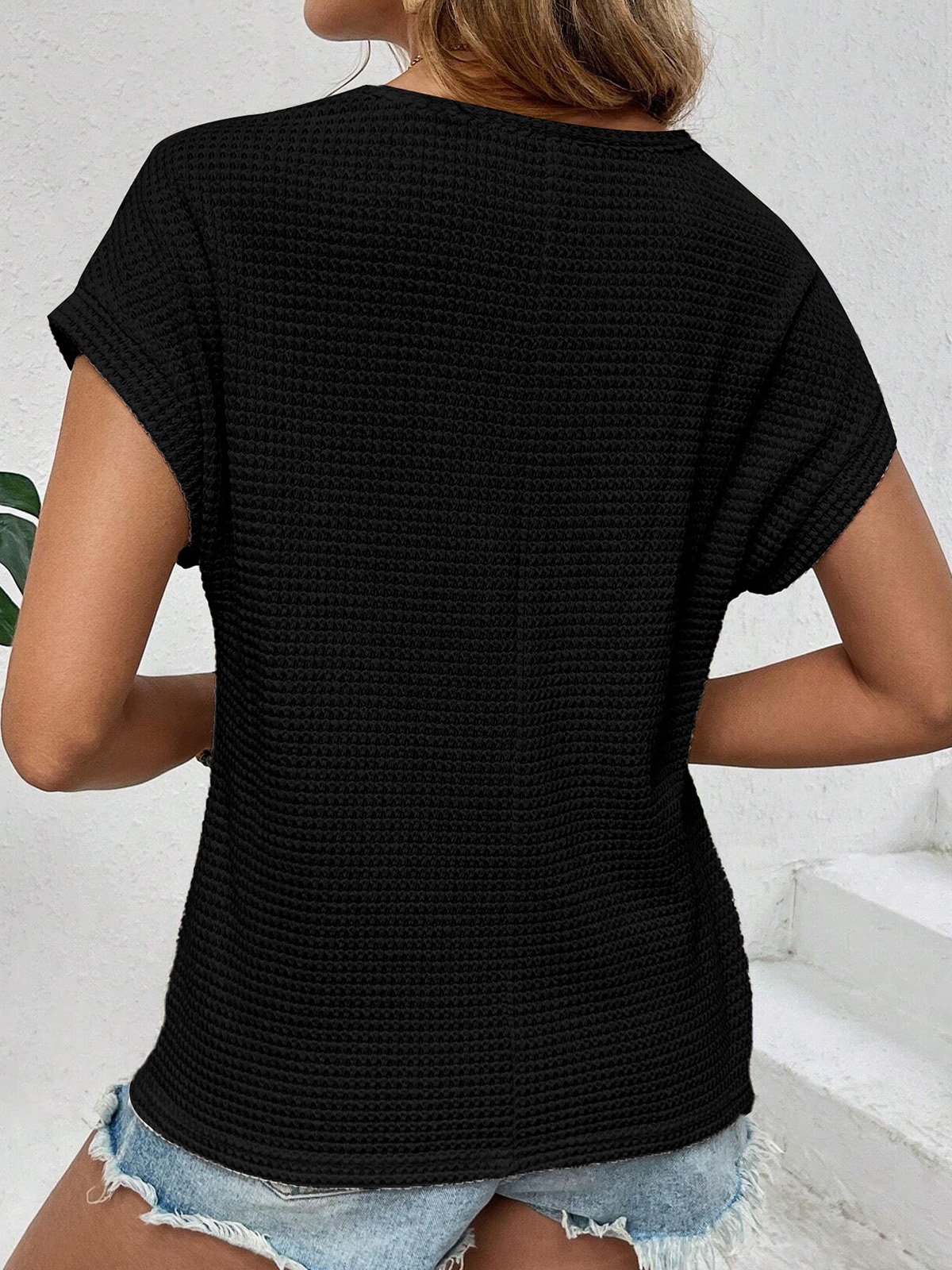 Crew Neck Short Sleeve Plain Regular Micro-Elasticity Loose Blouse For Women