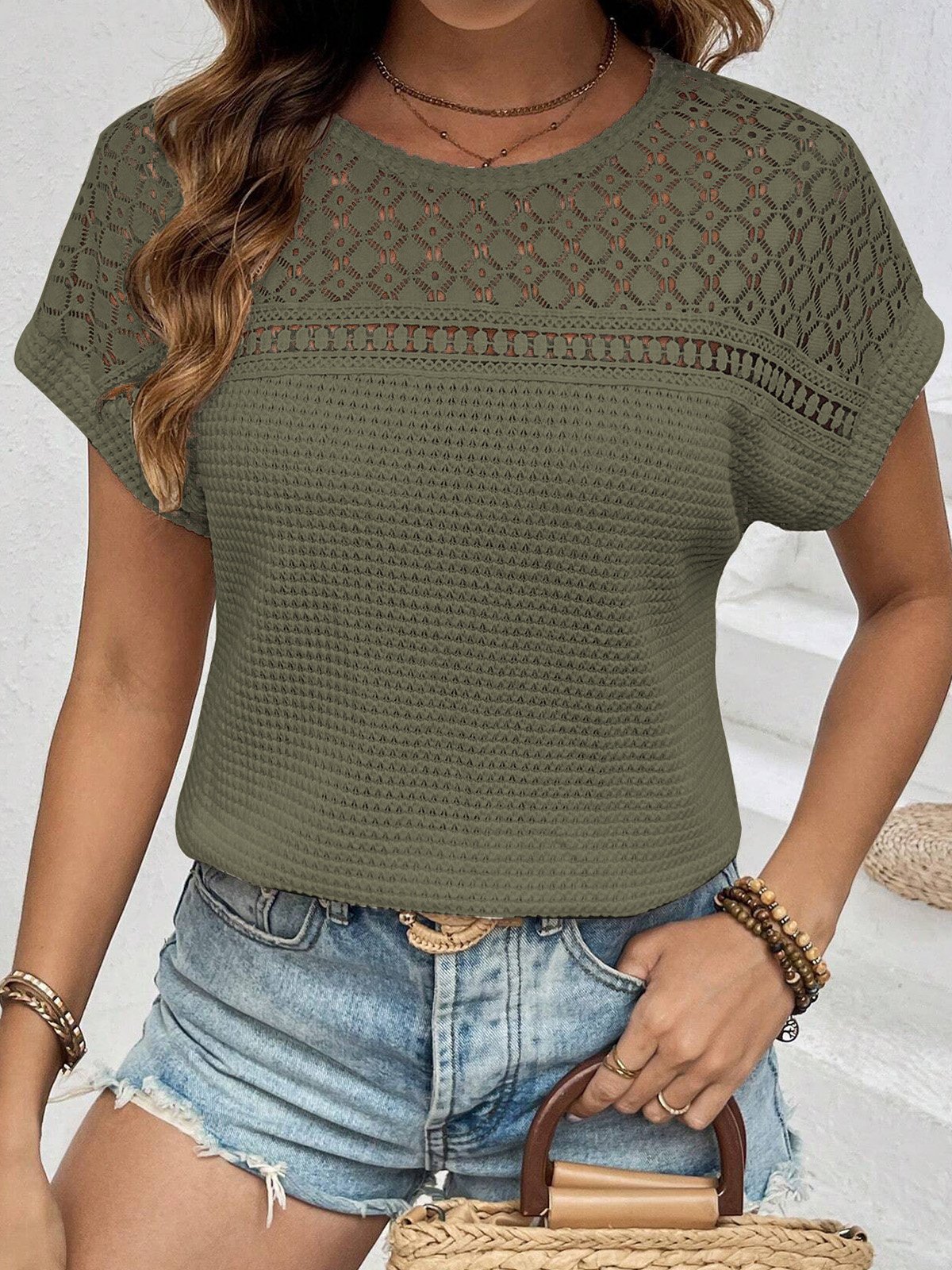 Crew Neck Short Sleeve Plain Regular Micro-Elasticity Loose Blouse For Women