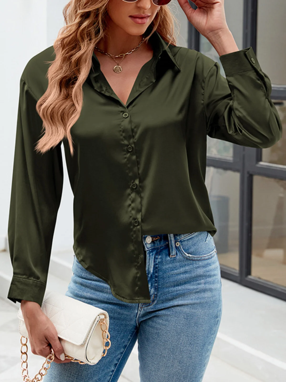 Shirt Collar Long Sleeve Plain Buckle Regular Micro-Elasticity Loose Shirt For Women