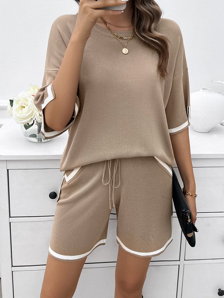 Women Color Block Crew Neck Short Sleeve Comfy Casual Top With Pants Two-Piece Set