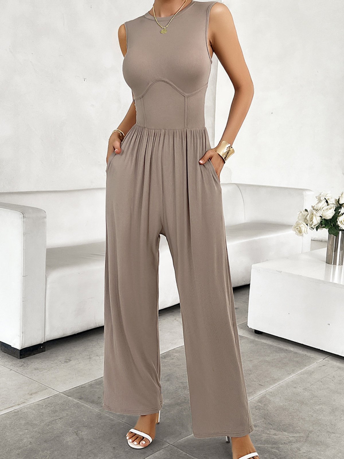 Women Sleeveless Crew Neck Regular Fit Long Pocket Stitching Daily Casual Plain Natural Jumpsuit