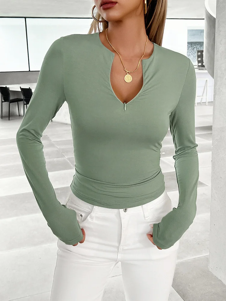 Casual Plain V Neck Long Sleeve T-shirt