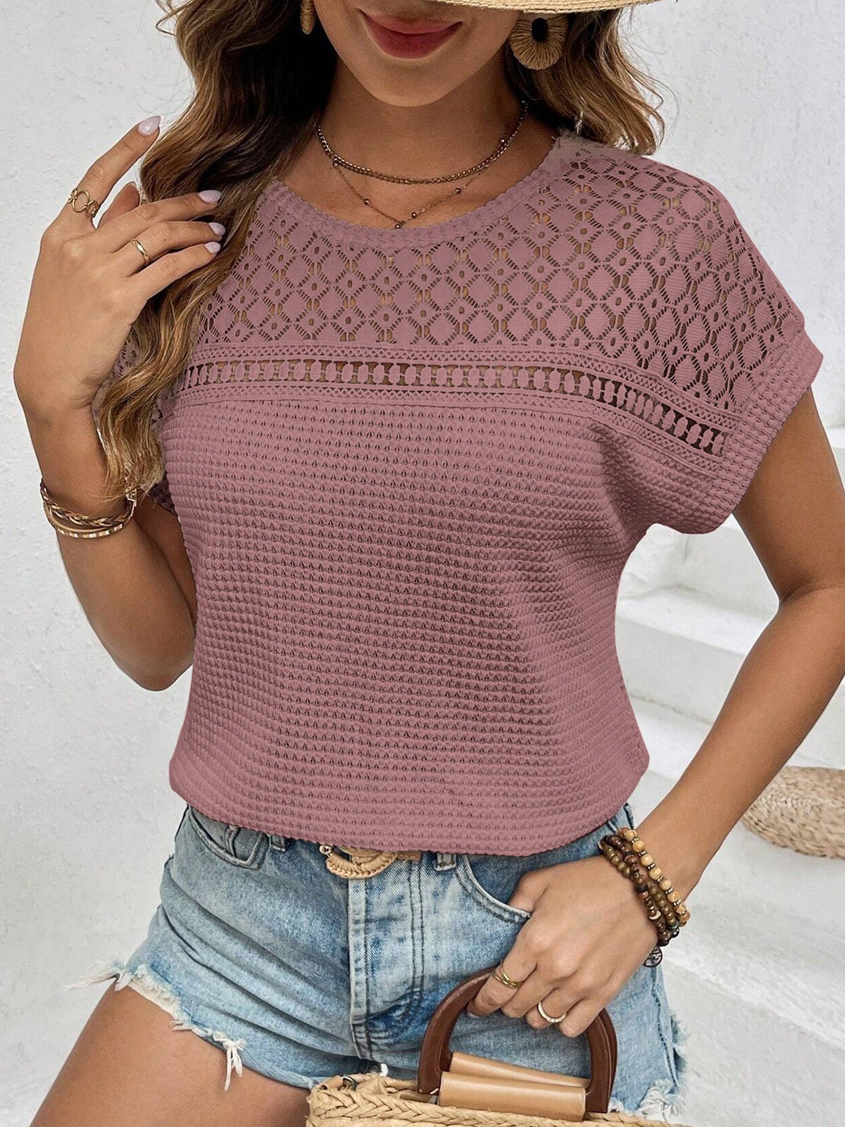 Crew Neck Short Sleeve Plain Regular Micro-Elasticity Loose Blouse For Women