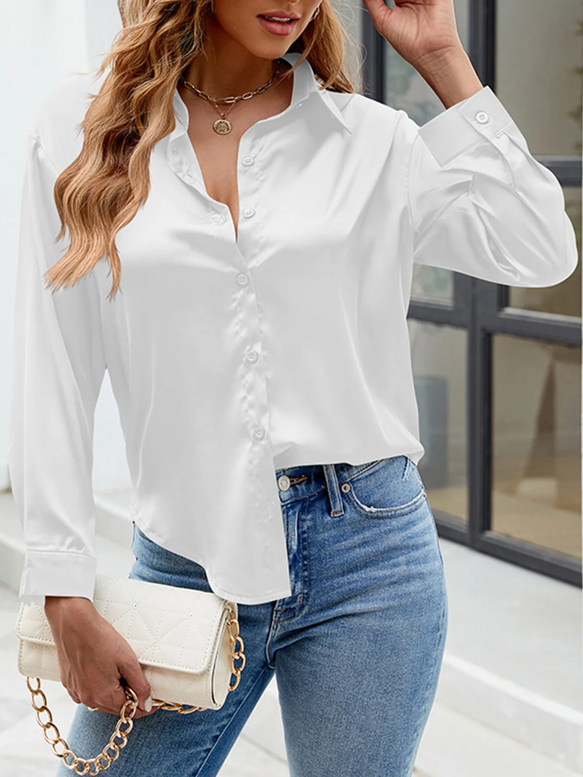 Shirt Collar Long Sleeve Plain Buckle Regular Micro-Elasticity Loose Shirt For Women