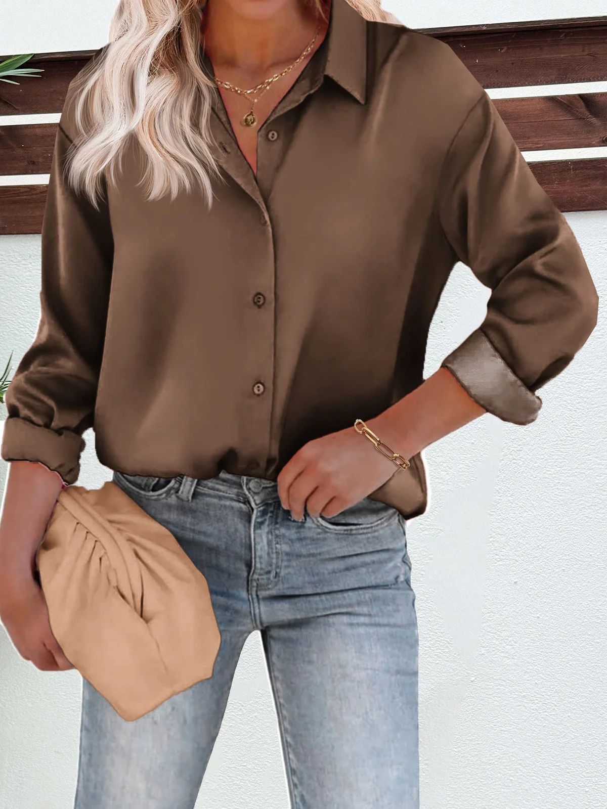 Shirt Collar Long Sleeve Plain Buckle Regular Micro-Elasticity Loose Shirt For Women