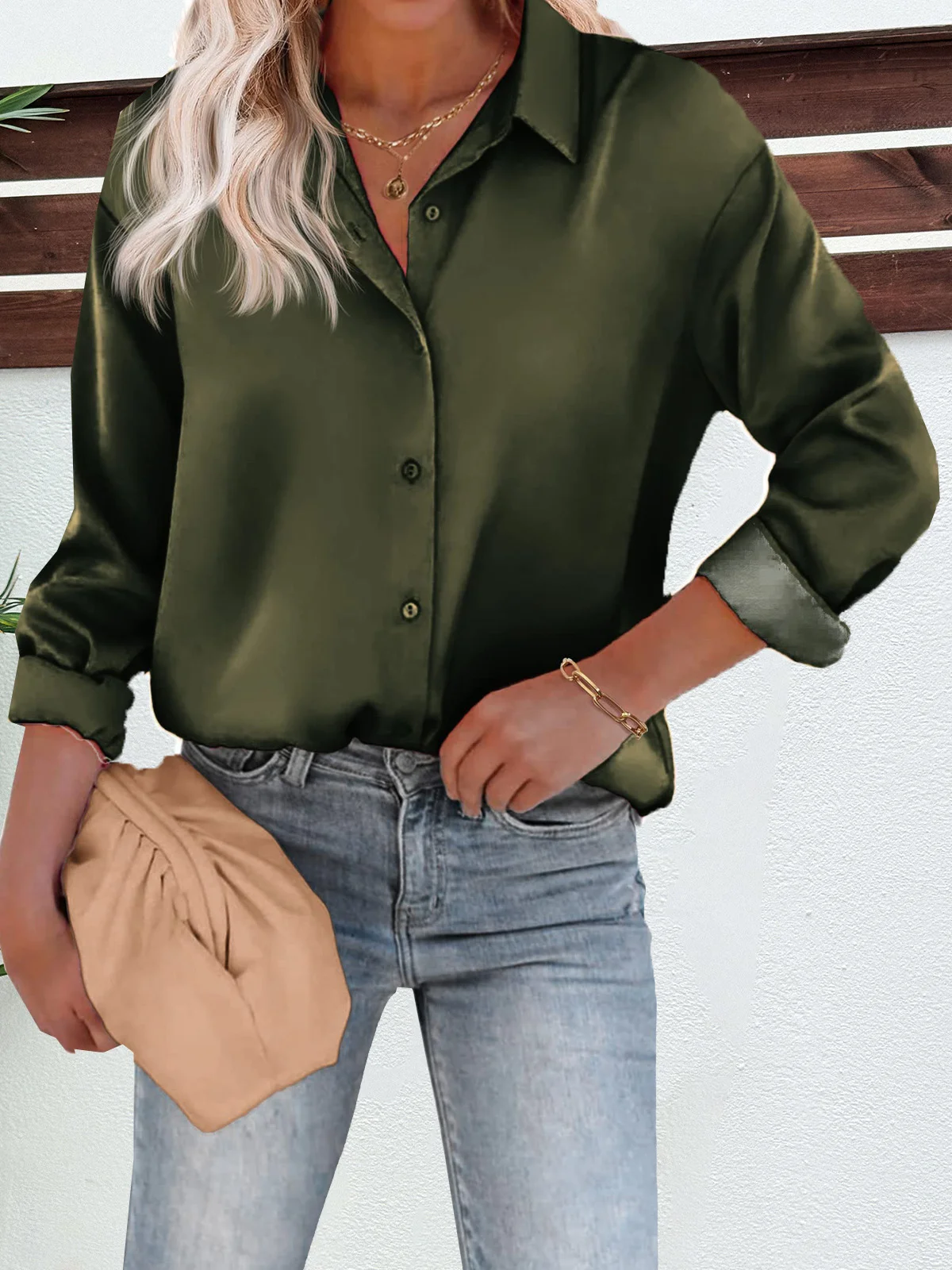 Shirt Collar Long Sleeve Plain Buckle Regular Micro-Elasticity Loose Shirt For Women