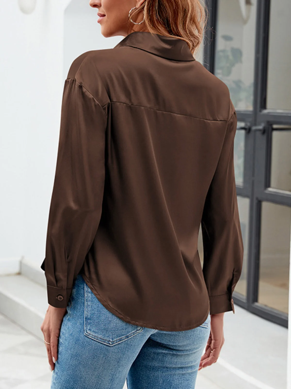 Shirt Collar Long Sleeve Plain Buckle Regular Micro-Elasticity Loose Shirt For Women