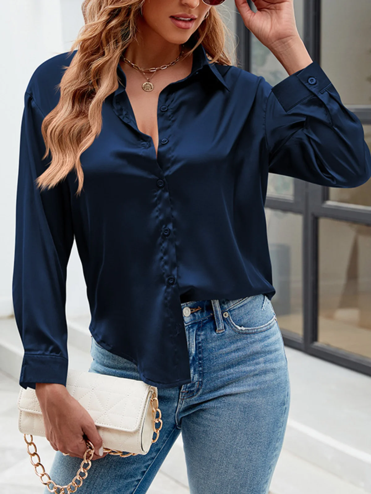 Shirt Collar Long Sleeve Plain Buckle Regular Micro-Elasticity Loose Shirt For Women