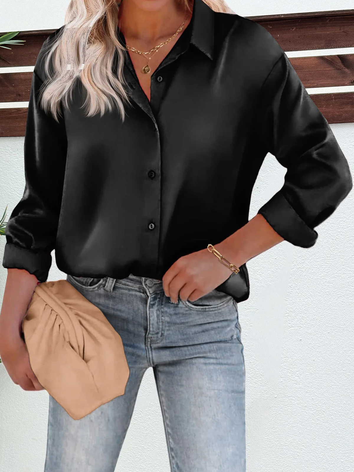 Shirt Collar Long Sleeve Plain Buckle Regular Micro-Elasticity Loose Shirt For Women