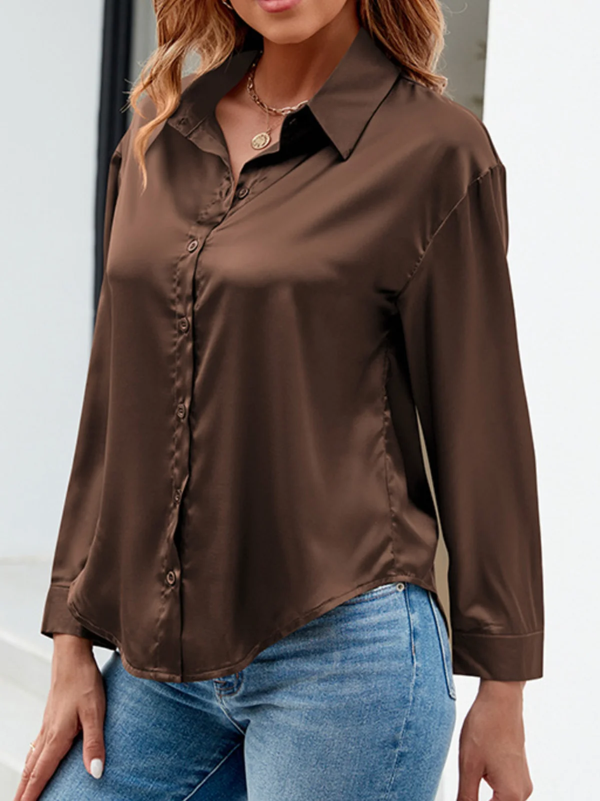 Shirt Collar Long Sleeve Plain Buckle Regular Micro-Elasticity Loose Shirt For Women