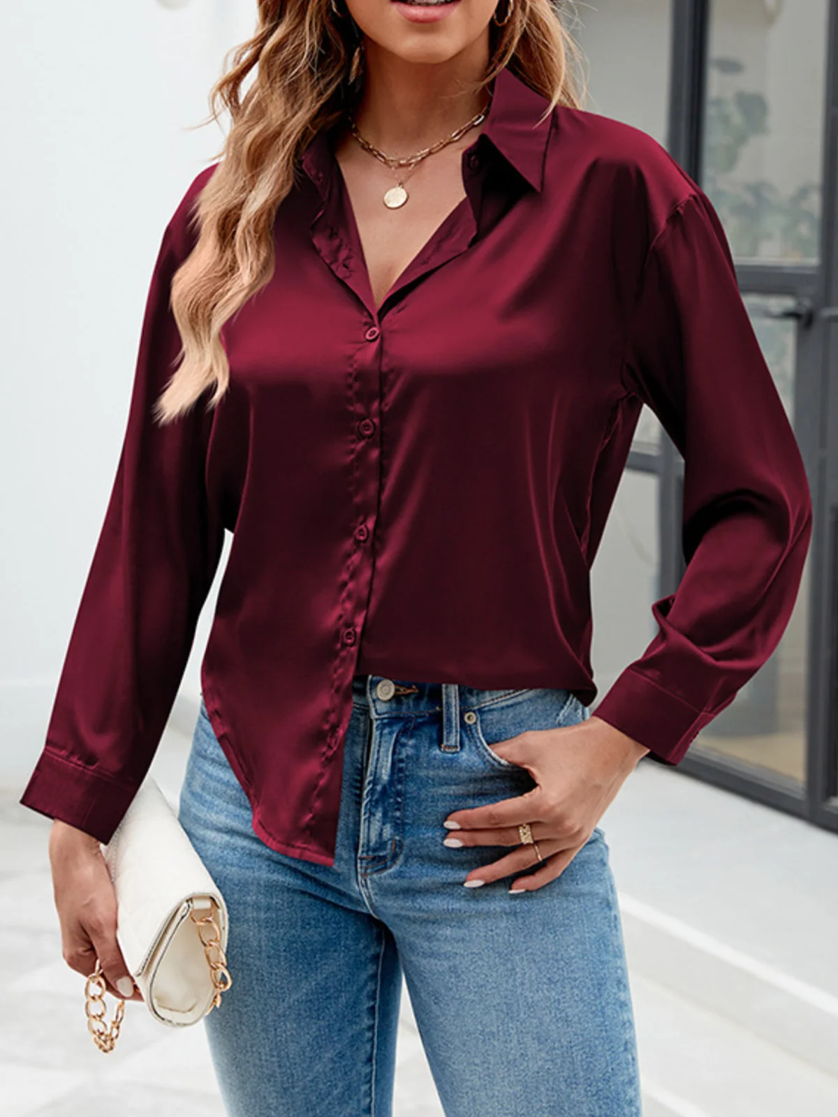 Shirt Collar Long Sleeve Plain Buckle Regular Micro-Elasticity Loose Shirt For Women