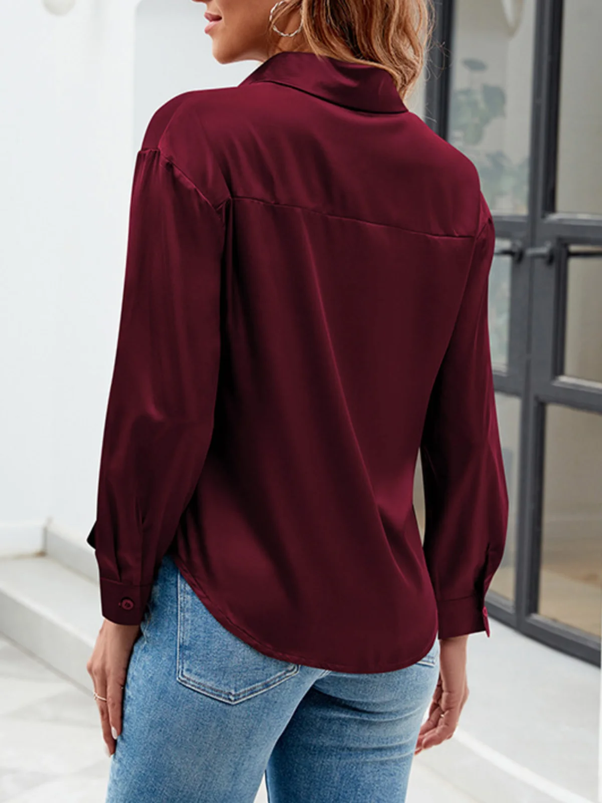 Shirt Collar Long Sleeve Plain Buckle Regular Micro-Elasticity Loose Shirt For Women