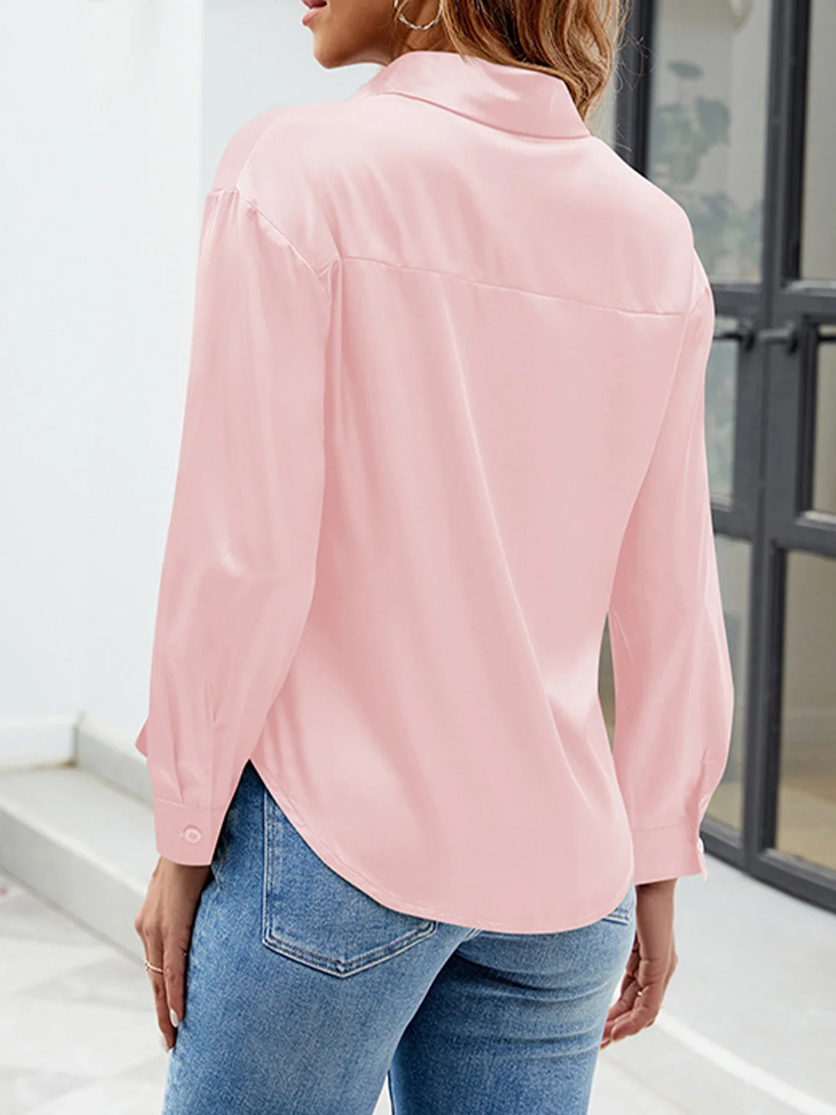 Shirt Collar Long Sleeve Plain Buckle Regular Micro-Elasticity Loose Shirt For Women