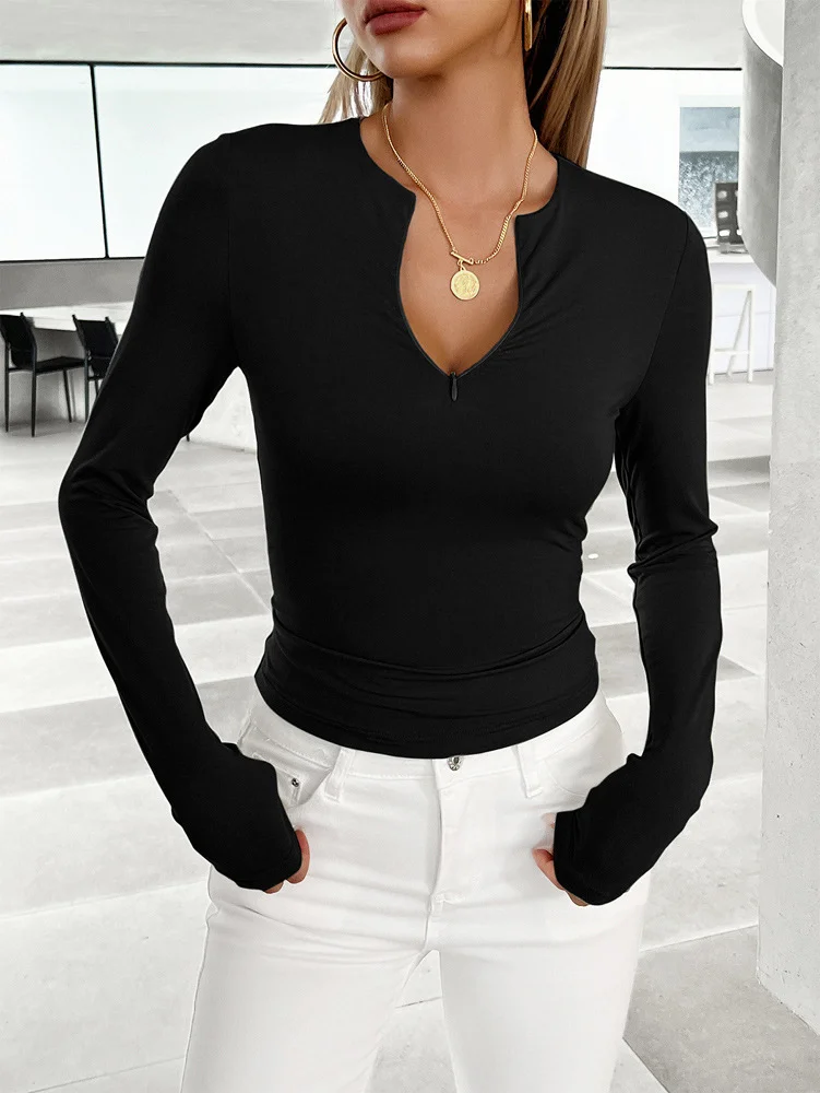 Casual Plain V Neck Long Sleeve T-shirt