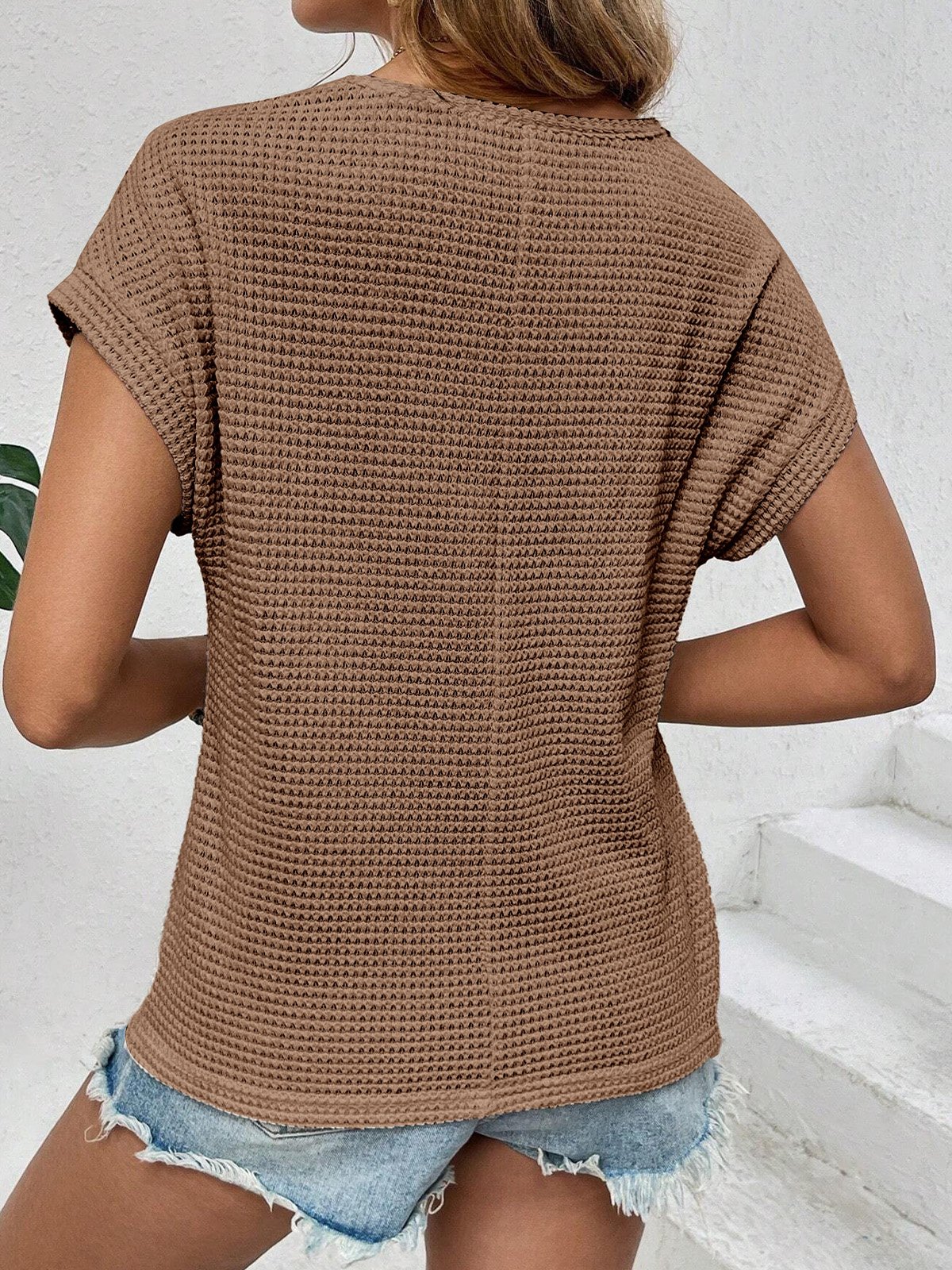 Crew Neck Short Sleeve Plain Regular Micro-Elasticity Loose Blouse For Women