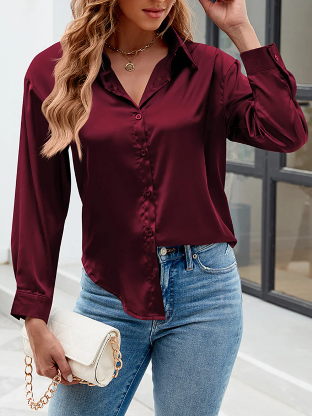 Shirt Collar Long Sleeve Plain Buckle Regular Micro-Elasticity Loose Shirt For Women