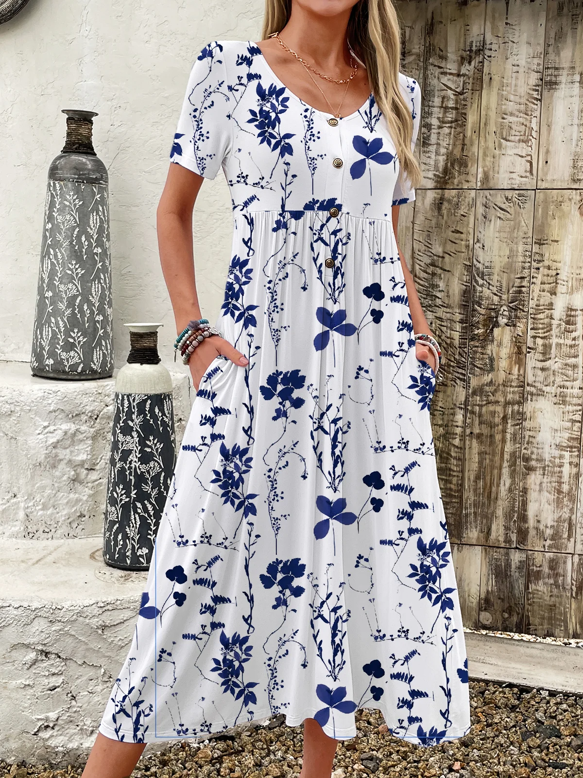 Women Floral Crew Neck Short Sleeve Comfy Casual Buckle Maxi Dress