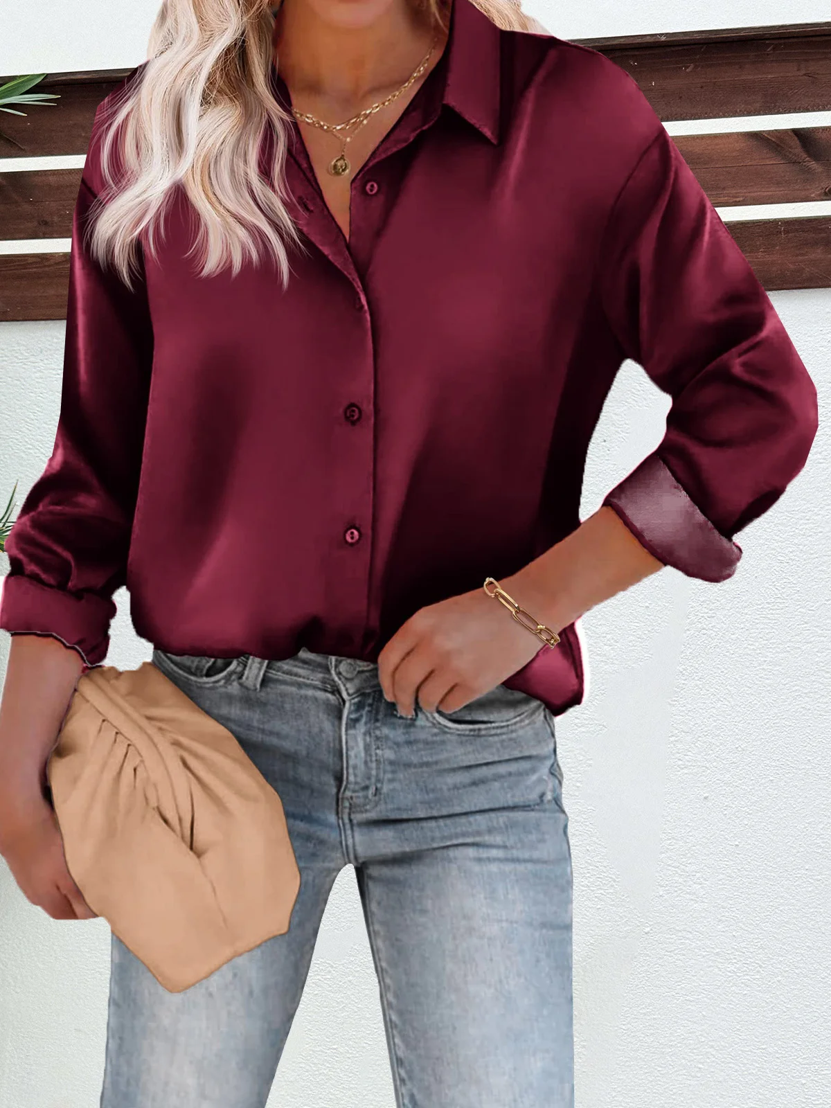 Shirt Collar Long Sleeve Plain Buckle Regular Micro-Elasticity Loose Shirt For Women