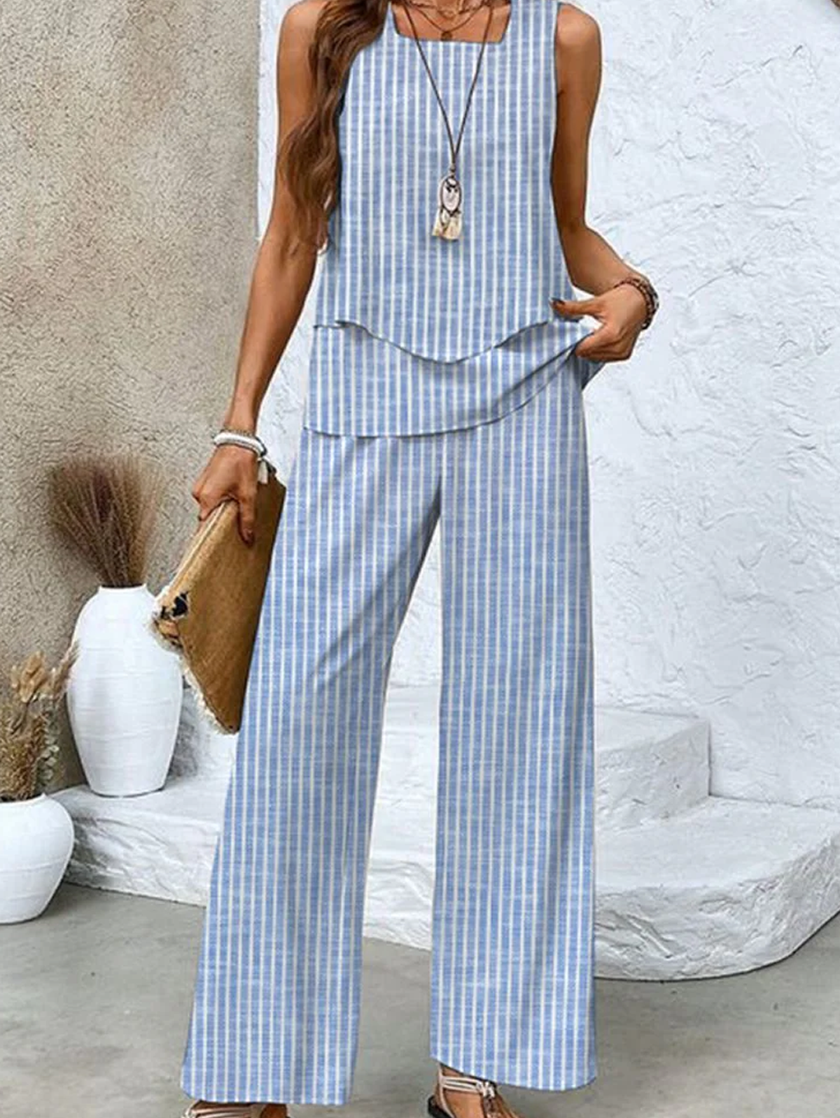 Women Striped Square Neck Sleeveless Comfy Casual Top With Pants Two-Piece Set