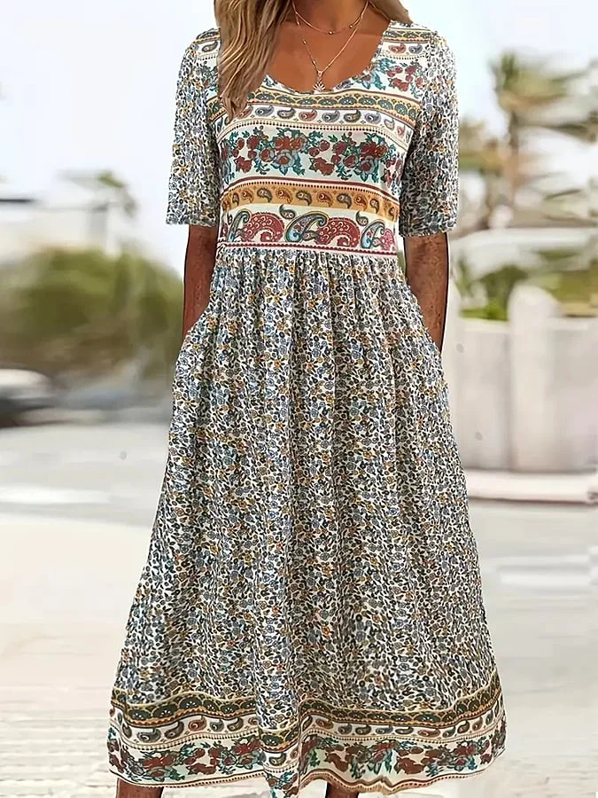 Women Floral Crew Neck Short Sleeve Comfy Casual Maxi Dress