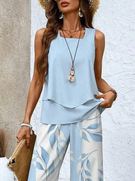 Women Leaf Crew Neck Sleeveless Comfy Casual Top With Pants Two-Piece Set