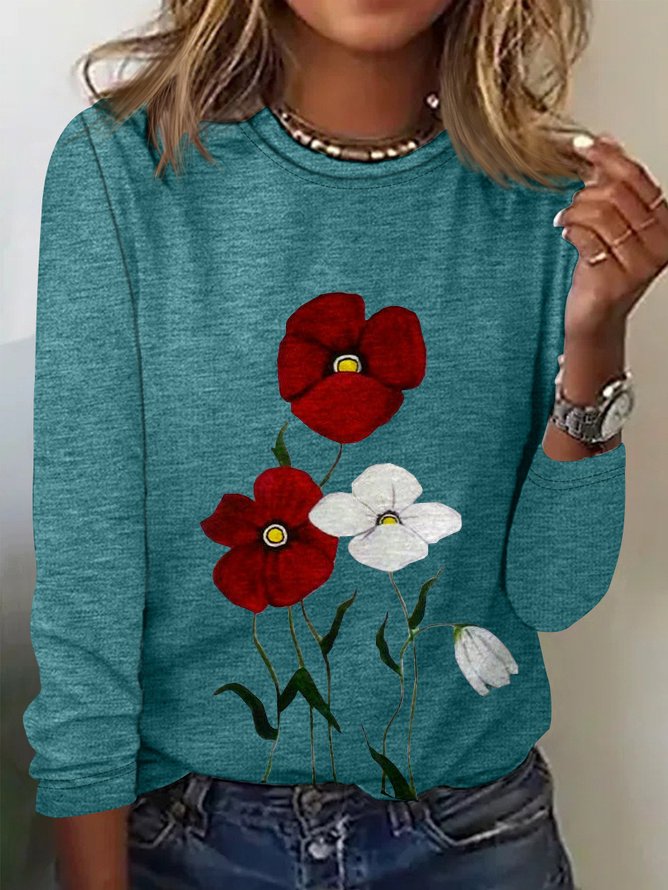 Casual Floral Crew Neck Long Sleeve T-shirt