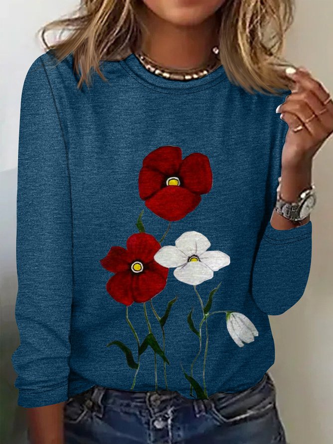 Casual Floral Crew Neck Long Sleeve T-shirt