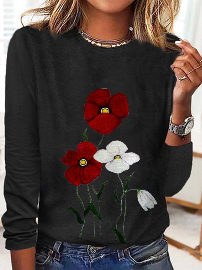 Casual Floral Crew Neck Long Sleeve T-shirt