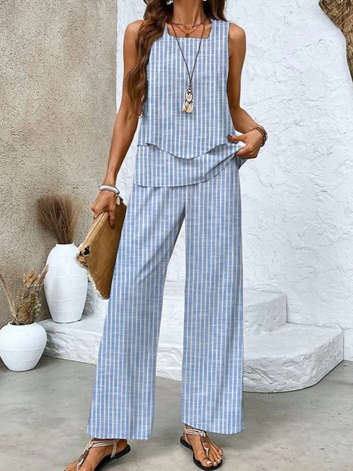 Women Striped Square Neck Sleeveless Comfy Casual Top With Pants Two-Piece Set