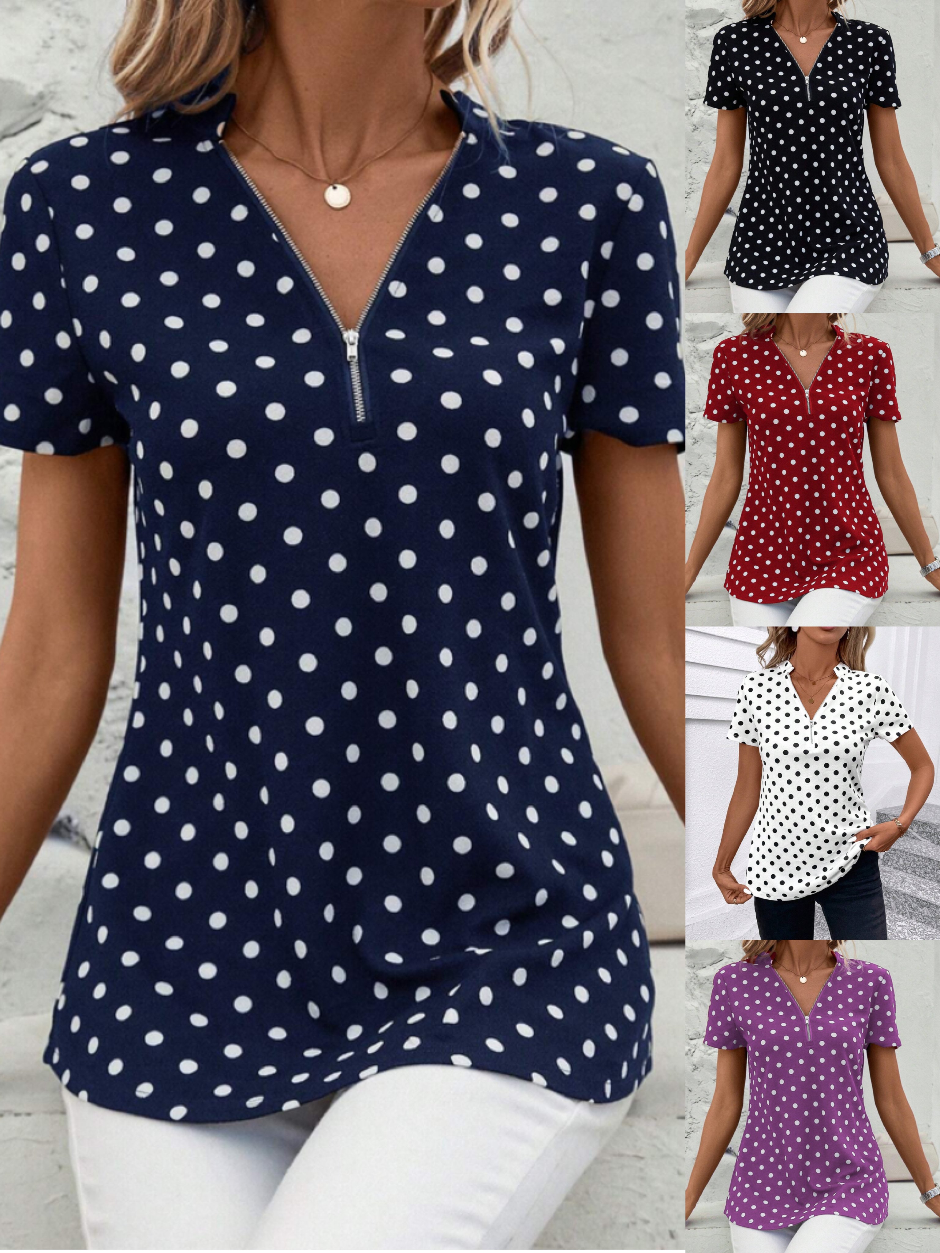 V Neck Short Sleeve Polka Dots Zipper Regular Micro-Elasticity Regular Fit Shirt For Women
